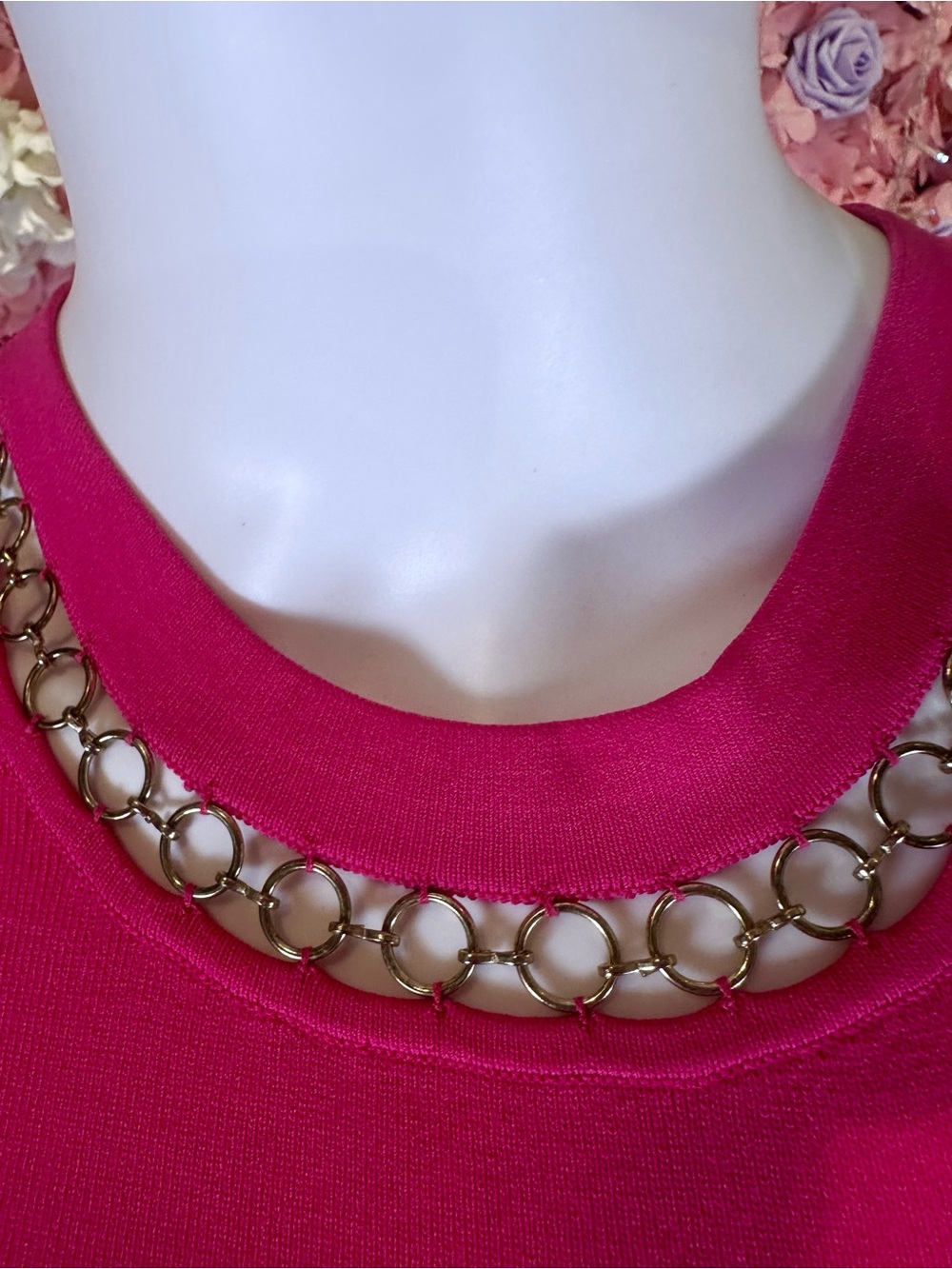 Michael Kors Hot Pink Sleeveless Fit-and-Flare Dress with Chain Neckline - Picture 10 of 11